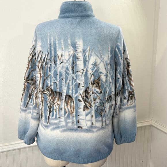Vintage Blair Size L Fleece Jacket Wolves Wolf Print Winter Woods Full Zip Up - Picture 2 of 13
